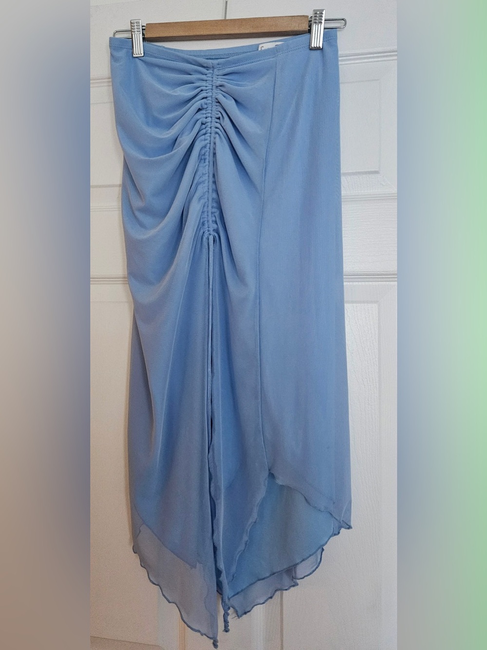 Emory Patk Light Blue Ruched Asymmetrical Midi Skirt